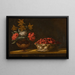 Stillleben mit einer Blumen vase und einem Erdbeerkorb auf einem Tisch - Spanische Schule — gerahmtes Bild an der Wand