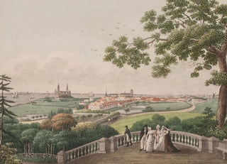 Sren L Lange - Udsigt af Helsingr Kronborg og resundet imellem kysterne af Sjlland og Skne Tegnet p terrassen i hangen ved Marienlyst.webp