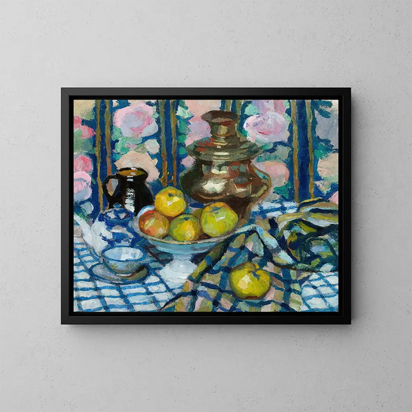 Naturstillleben mit einem Samowar - Stanisław Kamocki — gerahmtes Bild an der Wand