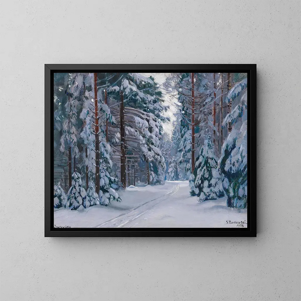 Schneebedeckter Waldweg - Stanisław Żukowski — gerahmtes Bild an der Wand