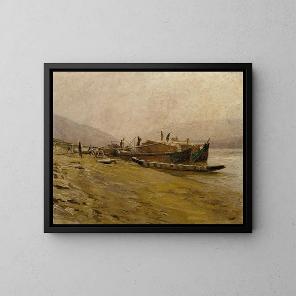 Bateaux de remorquage sur le Danube près de Spitz - Stefan Simony — gerahmtes Bild an der Wand