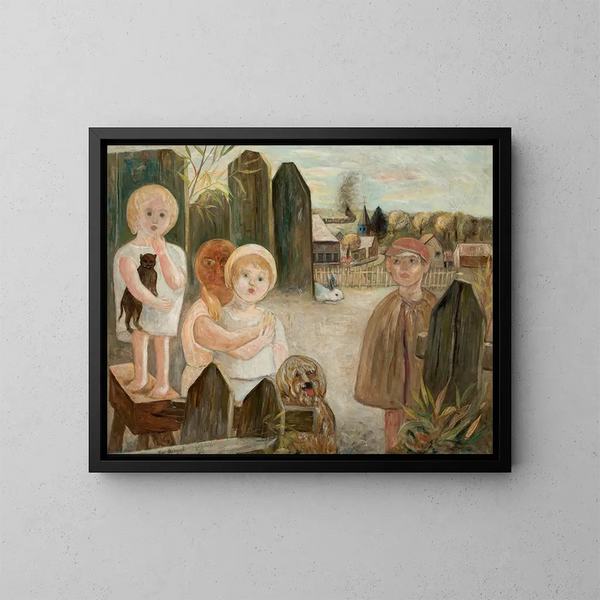 Kinder in einer Dorfgasse - Tadeusz Makowski — gerahmtes Bild an der Wand