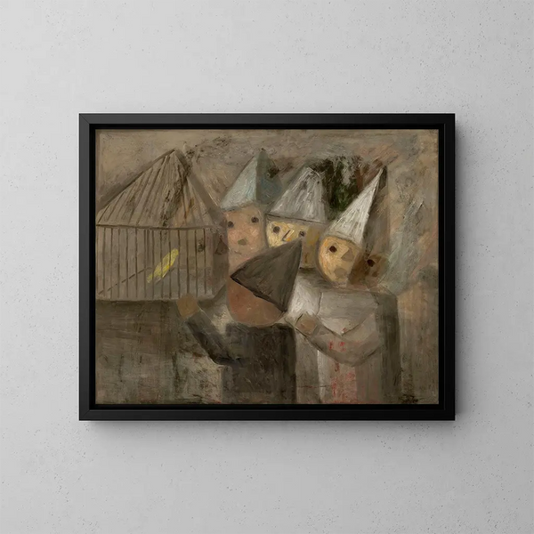 Kinder vor einem Käfig mit einem Kanarienvogel - Tadeusz Makowski — gerahmtes Bild an der Wand
