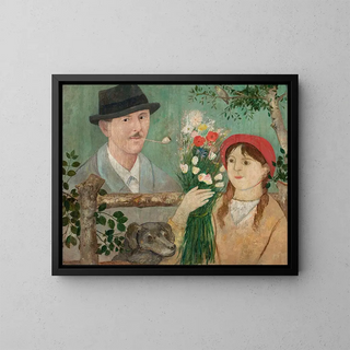 Tadeusz Makowski - Idyll beside a fence Selfportrait girl with flowers and dog.webp