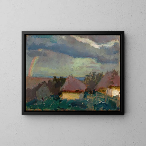 Ländliches Landschaftsbild mit Regenbogen - Tadeusz Makowski — gerahmtes Bild an der Wand