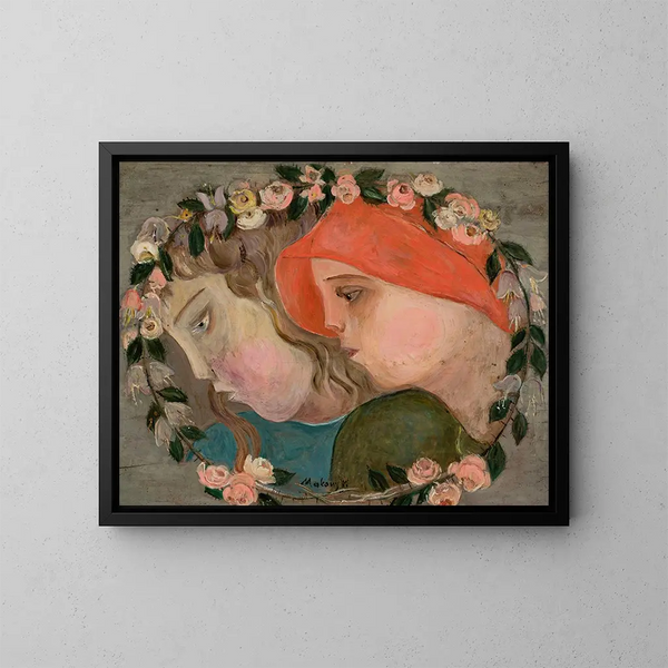 Zwei Köpfe kleiner Mädchen in einer Blumenkranz - Tadeusz Makowski — gerahmtes Bild an der Wand