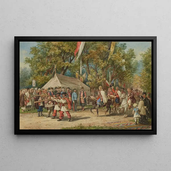 Prozession der Hochzeitsprozession vor dem Kaiser in Kolomyia - Tadeusz Rybkowski — gerahmtes Bild an der Wand