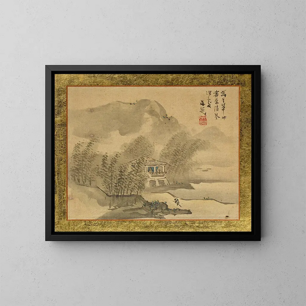 Ein Haus in einem Bambushain am Wasser - Tani Bunchō — gerahmtes Bild an der Wand