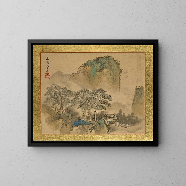 Ein Haus neben Kiefern vor Bergen - Tani Bunchō — gerahmtes Bild an der Wand