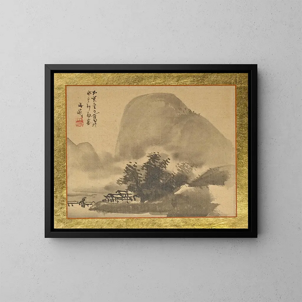 Ein Haus in der Nähe eines kleinen Wäldchens am Meer im Nebel - Tani Bunchō — gerahmtes Bild an der Wand
