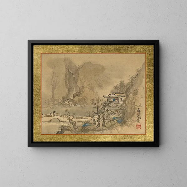 eines alten Mannes und eines Dieners, die sich auf ein zweistöckiges Herrenhaus am Wasser zubewegen - Tani Bunchō — gerahmtes Bild an der Wand