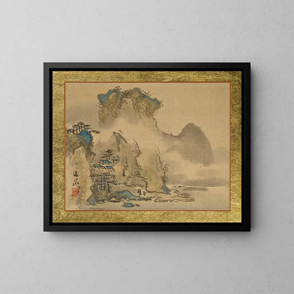 Ein alter Mann und sein Begleiter, die sich auf ein Haus auf einem Hügel zubewegen - Tani Bunchō — gerahmtes Bild an der Wand