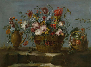 The PseudoGuardi - Still Life Of A Basket Of Flowers On A Rock Ledge.webp