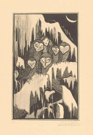 Theo van Hoytema - Zes kerkuilen slapend op besneeuwde takken.webp