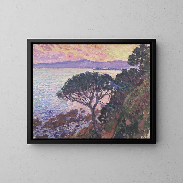 Pin de parasol près de la mer Méditerranée au coucher du soleil - Theo van Rysselberghe — gerahmtes Bild an der Wand