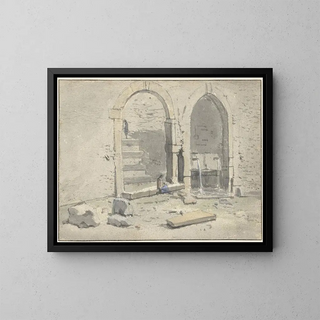 Theodoor Wilkens - Fontein tegen een stadsmuur waarin een trap is gebouwd.webp