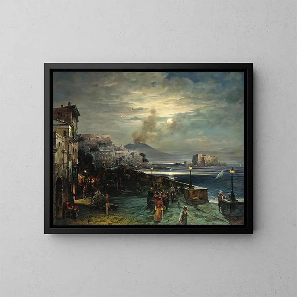 Neapel, ein nächtlicher Kai mit Blick auf den Vesuv - Theodor Groll — gerahmtes Bild an der Wand