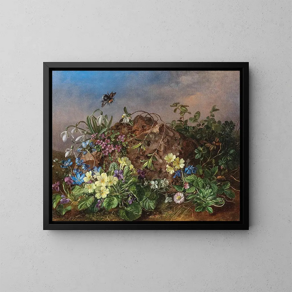 Frühlingsblumen mit Hummel - Theodor Petter — gerahmtes Bild an der Wand
