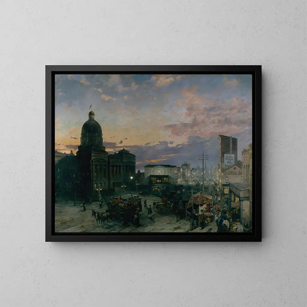 Rue Washington in Indianapolis bei Dämmerung - Theodore Clement Steele — gerahmtes Bild an der Wand