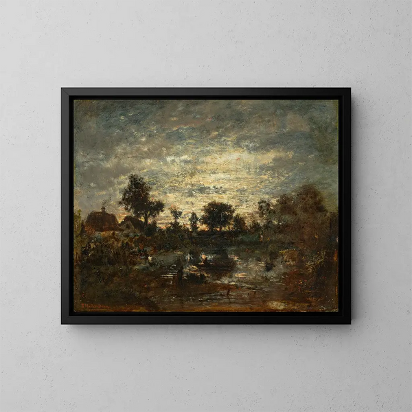 L'étang au coucher de soleil - Théodore Rousseau — gerahmtes Bild an der Wand