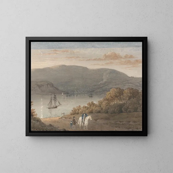 Port-Louis depuis La Petite Montagne au crépuscule avec un cavalier et des figures au premier plan - Thomas Bradshaw — gerahmtes Bild an der Wand