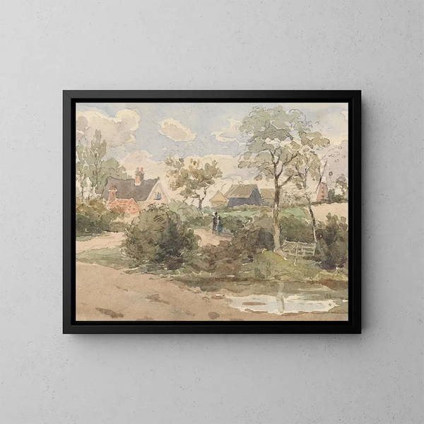Ländliches Landschaftsbild mit Cottage, Windmühle, Scheunen und Figuren mit Teich im Vordergrund - Thomas Churchyard — gerahmtes Bild an der Wand