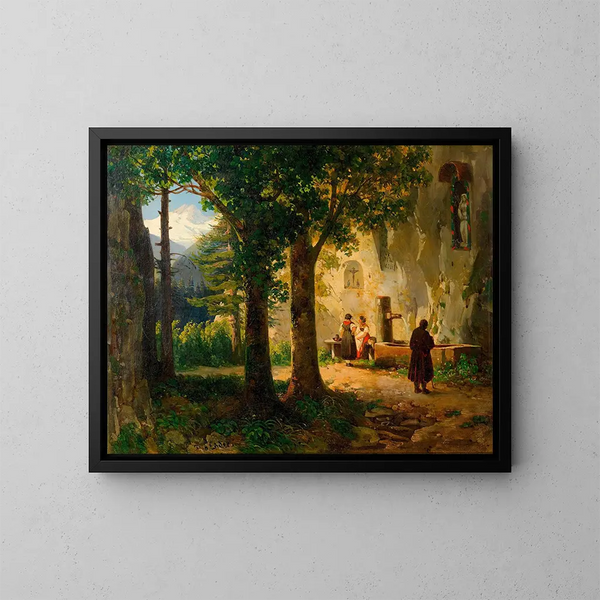 Gebet in der Nähe einer heiligen Quelle, Landschaft mit Brunnen - Thomas Ender — gerahmtes Bild an der Wand
