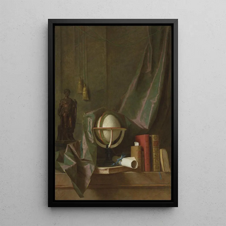 Thomas Germain Joseph Duvivier - A globe books and statuette on a ledge in an interior veiled by a curtain.webp