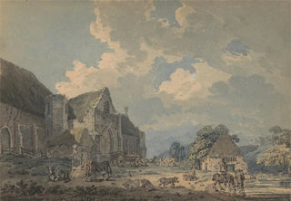 Thomas Girtin - The Tithe Barn at Abbotsbury with the Abbey on the hill.webp