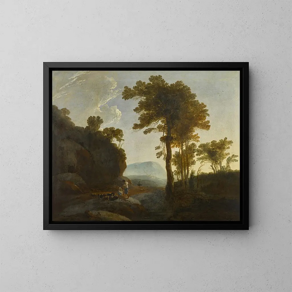 Großes Landschaftsgemälde mit einem Hirten und einer Hirtin mit ihrer Herde - Thomas Jones — gerahmtes Bild an der Wand
