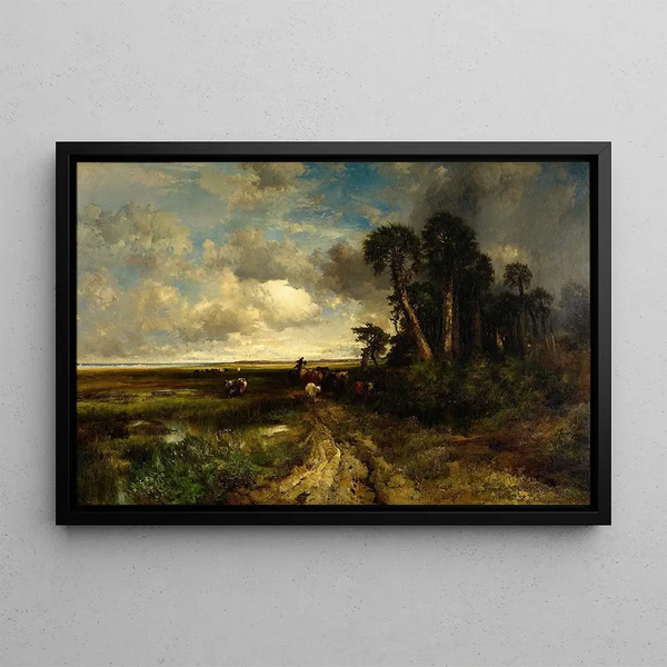Ramener le bétail, côte de Floride - Thomas Moran — gerahmtes Bild an der Wand