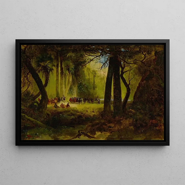 Empfang von Dominique de Gourgues bei den Indianern - Thomas Moran — gerahmtes Bild an der Wand