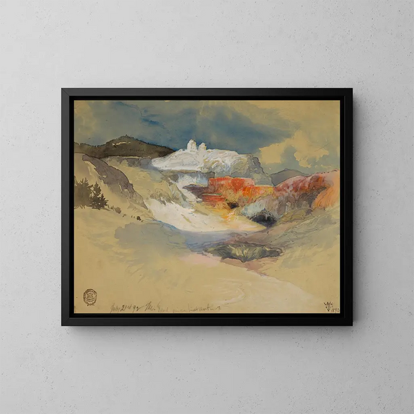Quellen heißer Quellen im Yellowstone - Thomas Moran — gerahmtes Bild an der Wand