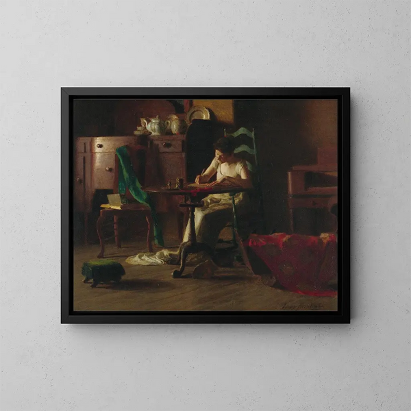 Frau, die an einem Tisch schreibt - Thomas Pollock Anshutz — gerahmtes Bild an der Wand