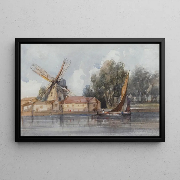 Eine Bootsfahrt an einem Windmühlen und Bauernhöfen - Thomas Shotter Boys — gerahmtes Bild an der Wand