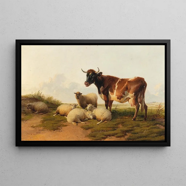 Schafe und Kühe auf der Wiese - Thomas Sidney Cooper — gerahmtes Bild an der Wand