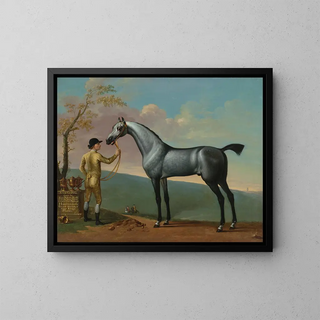Thomas Spencer - Starling a Grey Racehorse by Bay Bolton Held by a Groom in a Landscape.webp