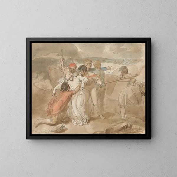 Eine Frau, die vom Meer gerettet und am Strand unterstützt wird, Ruderboot und Rettungskräfte im Hintergrund - Thomas Stothard — gerahmtes Bild an der Wand