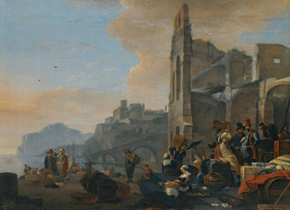 Thomas Wijck - An Italianate Coastal Landscape With Figures In Oriental Dress At Market.webp