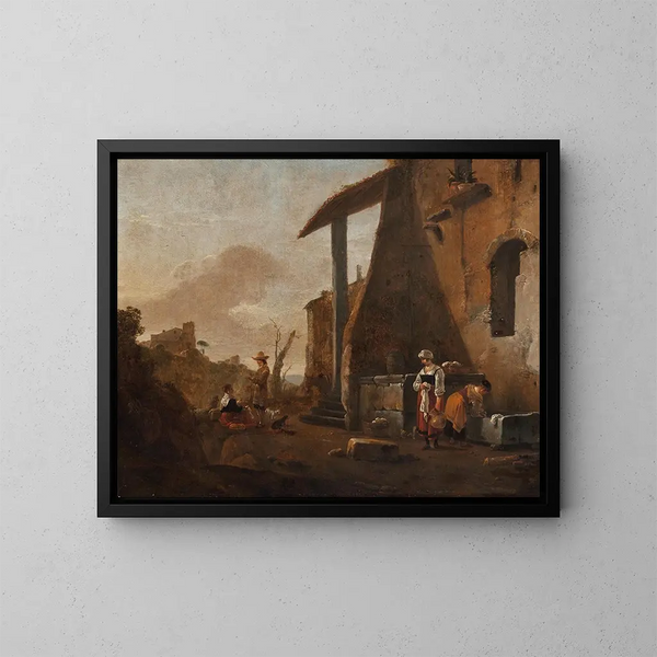 Servantes beim Wäschewaschen und eine andere Dienerin, die Äpfel in einem Hof mit einer hügeligen Landschaft im Hintergrund verkaufen - Thomas Wijck — gerahmtes Bild an der Wand