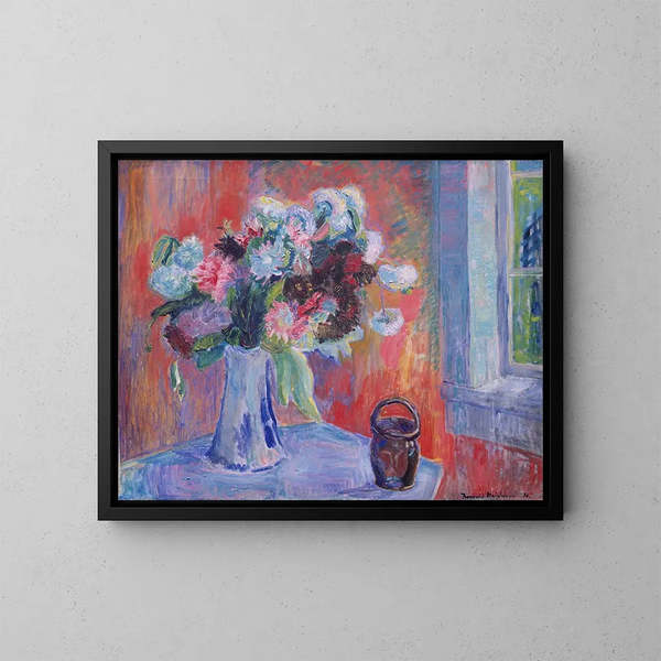 Vase de fleurs dans un intérieur rouge - Thorvald Erichsen — gerahmtes Bild an der Wand