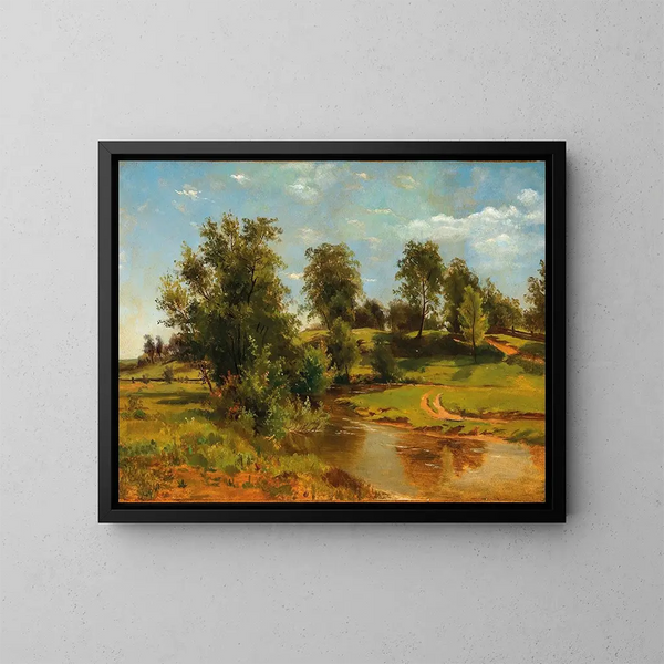 Ein sanft geschwungenes Landschaftsbild mit einem Bach - Tina Blau — gerahmtes Bild an der Wand