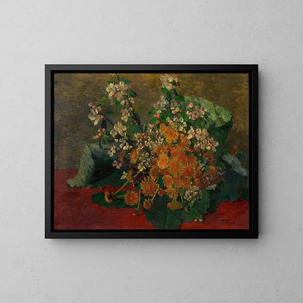 Blumenstrauß aus Löwenzahn und Apfelblumen - Tina Blau — gerahmtes Bild an der Wand