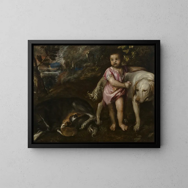 Junge mit Hunden in einer Landschaft - Tizian — gerahmtes Bild an der Wand