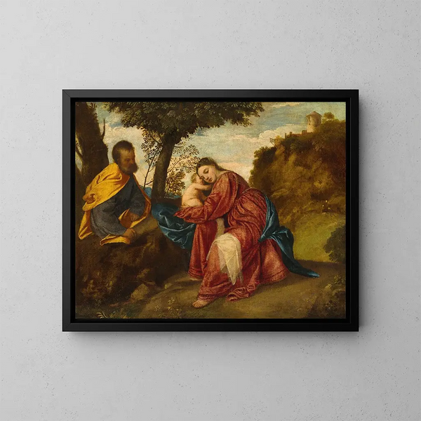 Der Ruhezustand während der Flucht nach Ägypten - Titian — gerahmtes Bild an der Wand