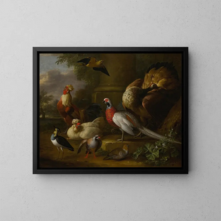 Tobias Stranover - Peacock pheasant chickens partridges and a lapwing in a landscape.webp