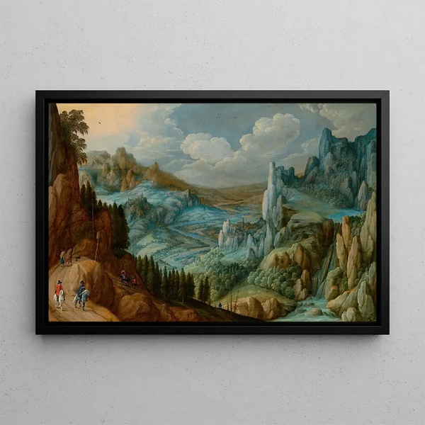 Ein weites Berglandschaft mit Reisenden auf einem Weg - Tobias Verhaecht — gerahmtes Bild an der Wand