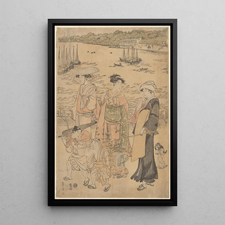 Toyokuni Utagawa - Three Women and Two Children by the Water ships in background.webp