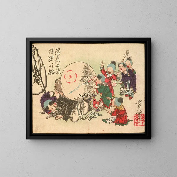 Kinder, die Hotels sprengen, mit bunter Bauchmalerei wie Bonbons - Tsukioka Yoshitoshi — gerahmtes Bild an der Wand