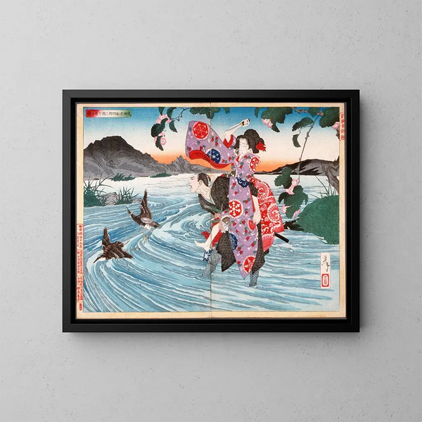 Der Dämon Omatsu tötet Shirsabur im Flussbett - Tsukioka Yoshitoshi — gerahmtes Bild an der Wand